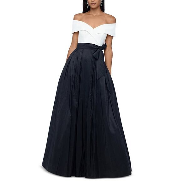 XSCAPE White/Black Off-The-Shoulder Colorblocked High Slit Gown Size 14W NWT - Picture 1 of 10